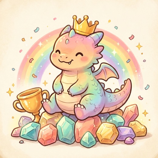Pip wearing a golden crown on a pile of gems
