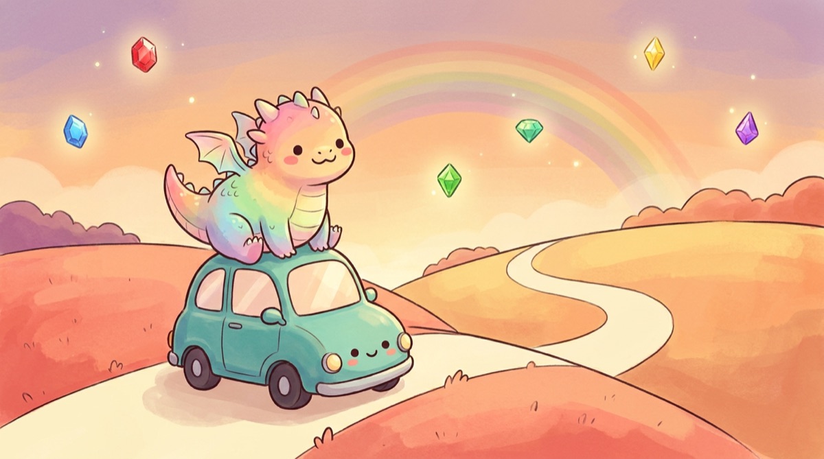 A baby rainbow dragon riding on a little car under a rainbow
